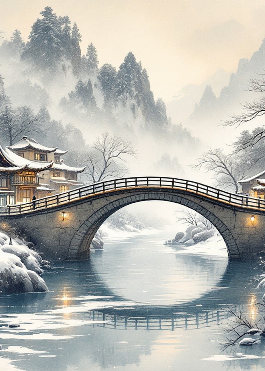 Bridge Snow Wall Art, Chinoiserie Aesthe