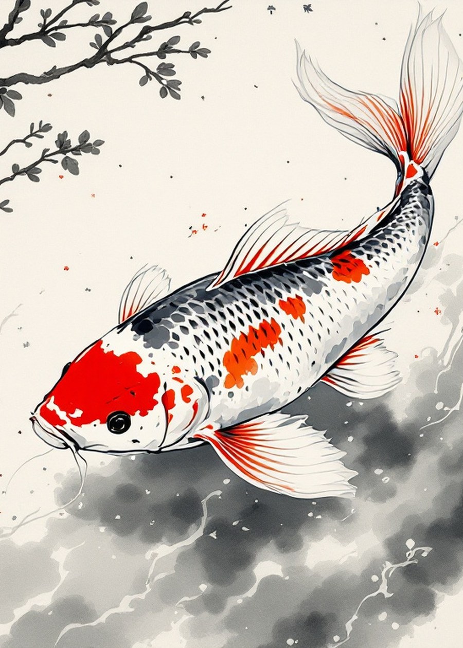 Carp Waterfall Art Print, Wabi Sabi Inte
