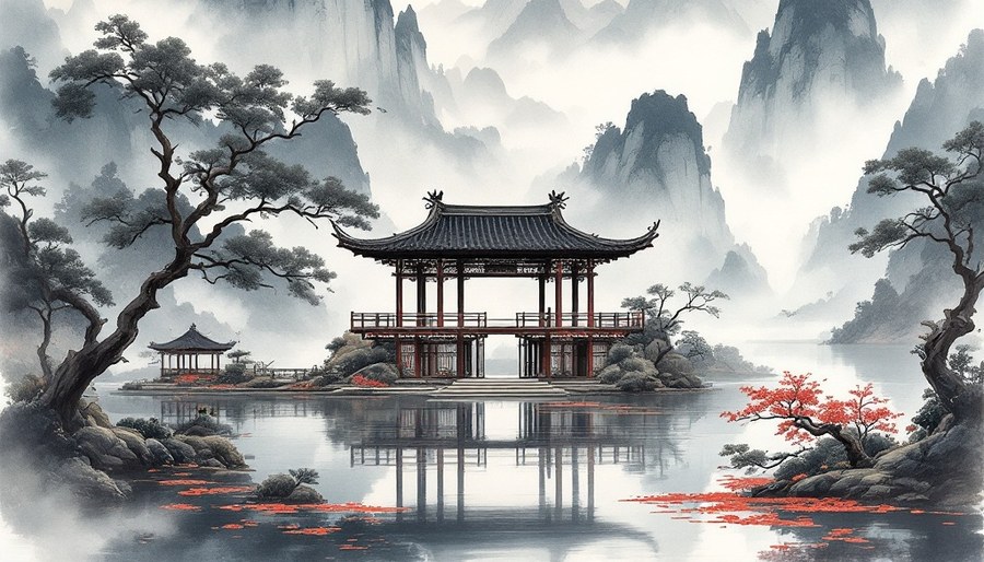 Pavilion Wall Art, Minimalist Decor, Bed