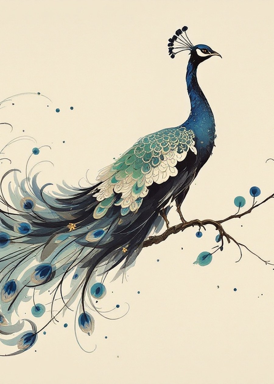 Peacock Asian Wall Art Set of 3, Japandi